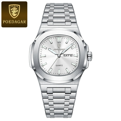 Montre Militaire Homme POEDAGAR – Cadran Carré, Acier Inoxydable, Lumineuse + Écrin