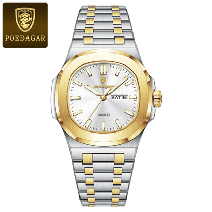 Montre Militaire Homme POEDAGAR – Cadran Carré, Acier Inoxydable, Lumineuse + Écrin