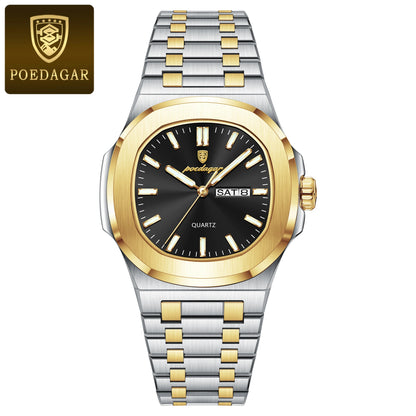 Montre Militaire Homme POEDAGAR – Cadran Carré, Acier Inoxydable, Lumineuse + Écrin