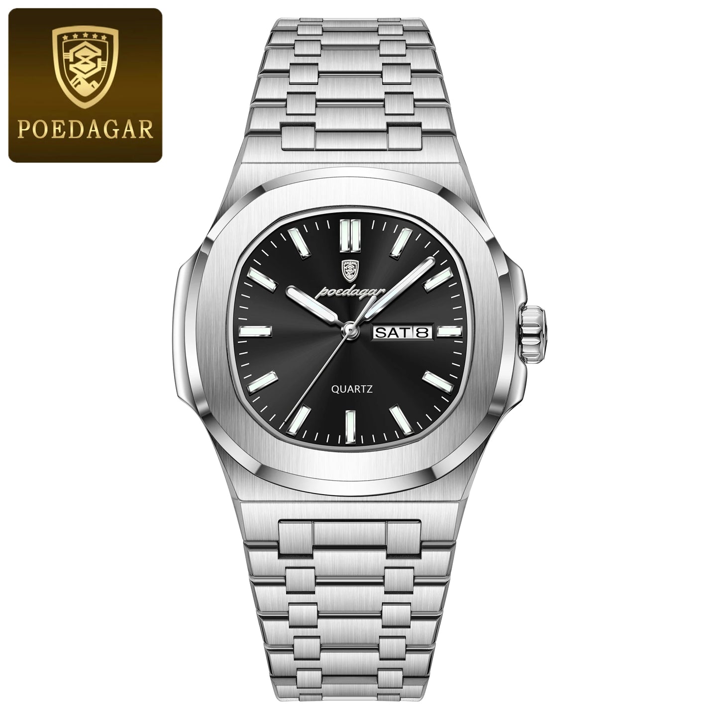 Montre Militaire Homme POEDAGAR – Cadran Carré, Acier Inoxydable, Lumineuse + Écrin