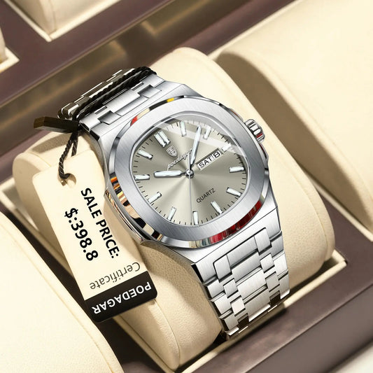 Montre Militaire Homme POEDAGAR – Cadran Carré, Acier Inoxydable, Lumineuse + Écrin