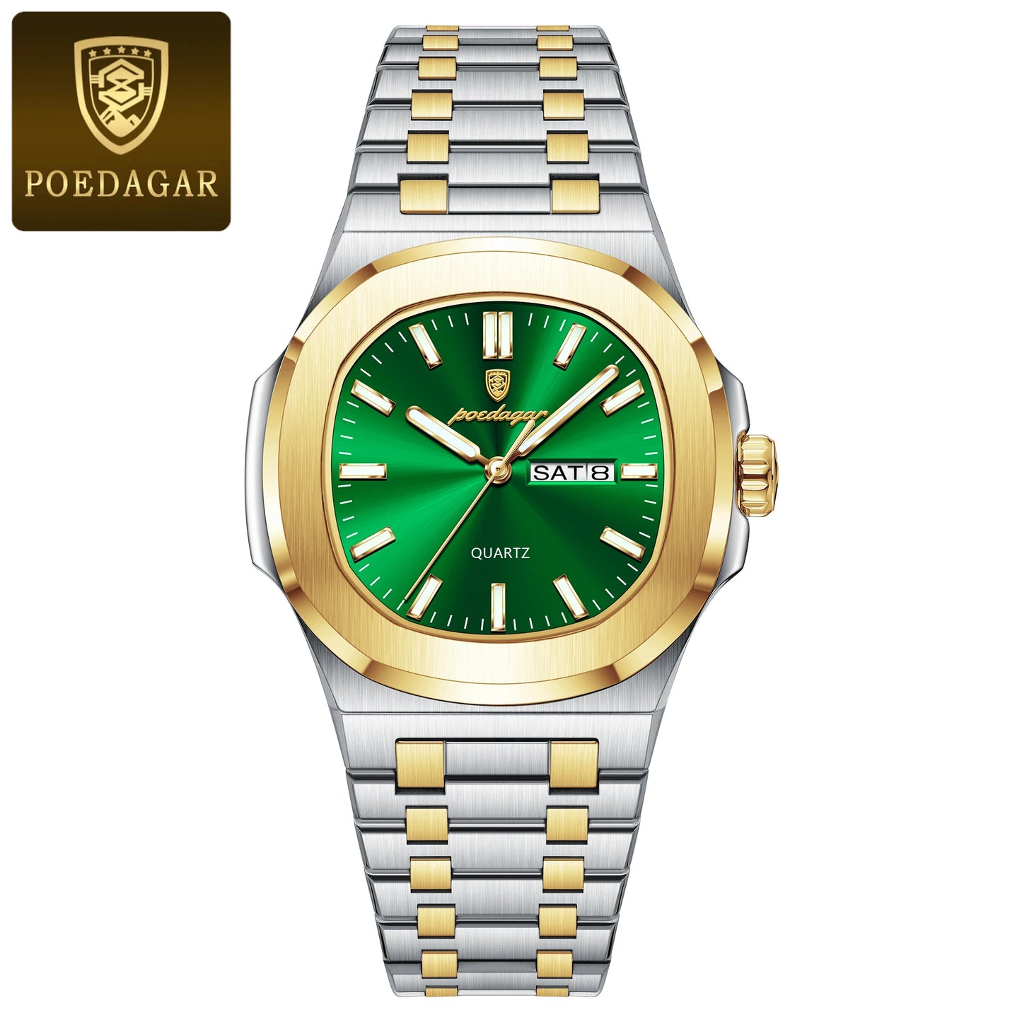 Montre Militaire Homme POEDAGAR – Cadran Carré, Acier Inoxydable, Lumineuse + Écrin