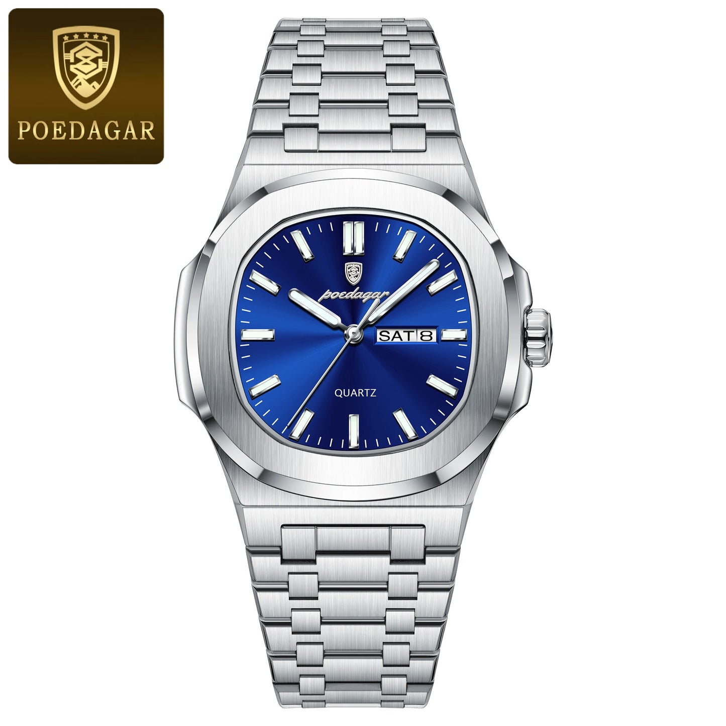 Montre Militaire Homme POEDAGAR – Cadran Carré, Acier Inoxydable, Lumineuse + Écrin