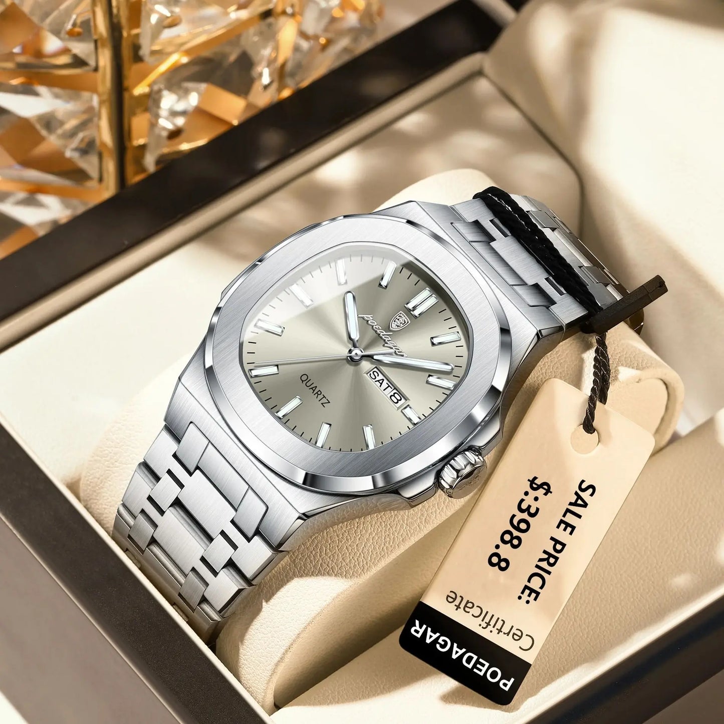 Montre Militaire Homme POEDAGAR – Cadran Carré, Acier Inoxydable, Lumineuse + Écrin