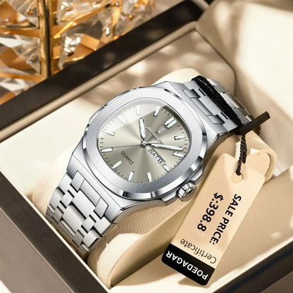 Montre Militaire Homme POEDAGAR – Cadran Carré, Acier Inoxydable, Lumineuse + Écrin