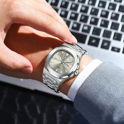 Montre Militaire Homme POEDAGAR – Cadran Carré, Acier Inoxydable, Lumineuse + Écrin
