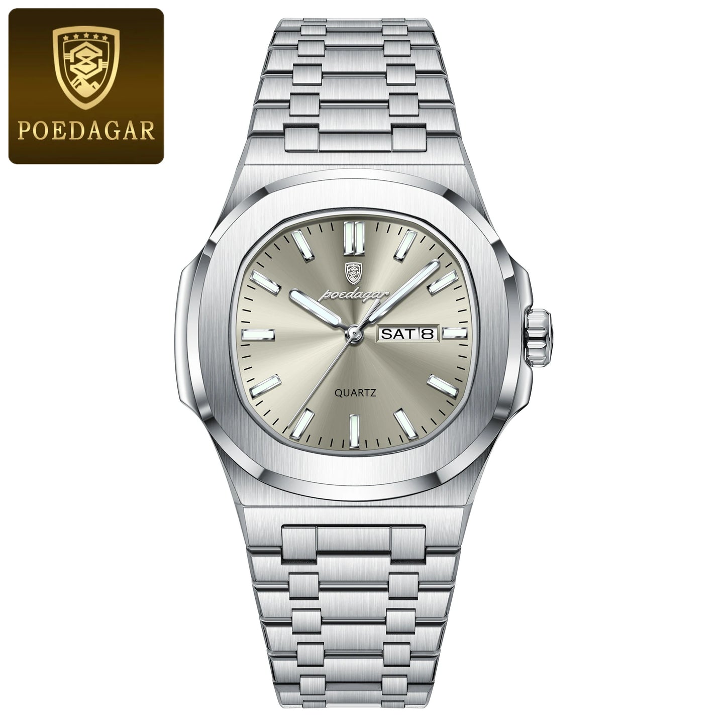 Montre Militaire Homme POEDAGAR – Cadran Carré, Acier Inoxydable, Lumineuse + Écrin