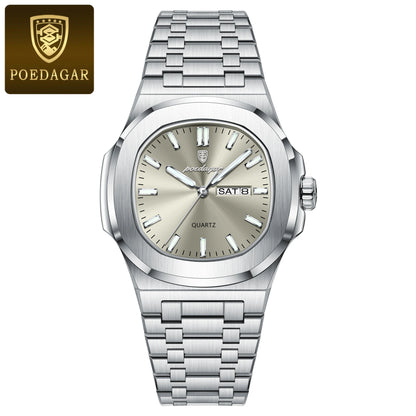 Montre Militaire Homme POEDAGAR – Cadran Carré, Acier Inoxydable, Lumineuse + Écrin