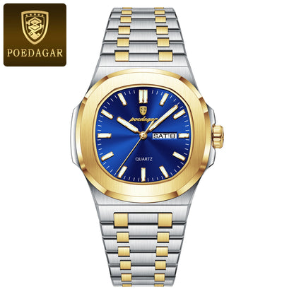 Montre Militaire Homme POEDAGAR – Cadran Carré, Acier Inoxydable, Lumineuse + Écrin