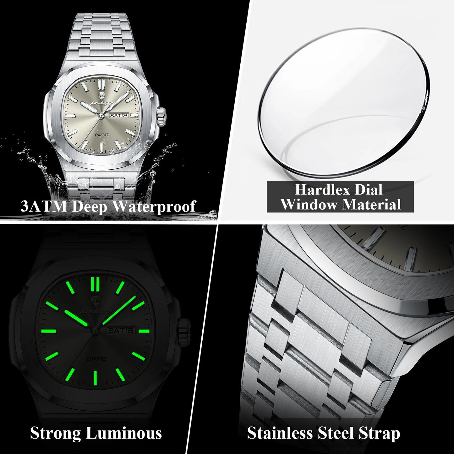 Montre Militaire Homme POEDAGAR – Cadran Carré, Acier Inoxydable, Lumineuse + Écrin