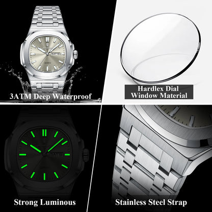 Montre Militaire Homme POEDAGAR – Cadran Carré, Acier Inoxydable, Lumineuse + Écrin