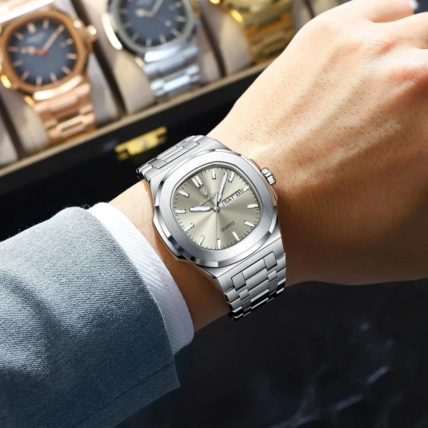 Montre Militaire Homme POEDAGAR – Cadran Carré, Acier Inoxydable, Lumineuse + Écrin