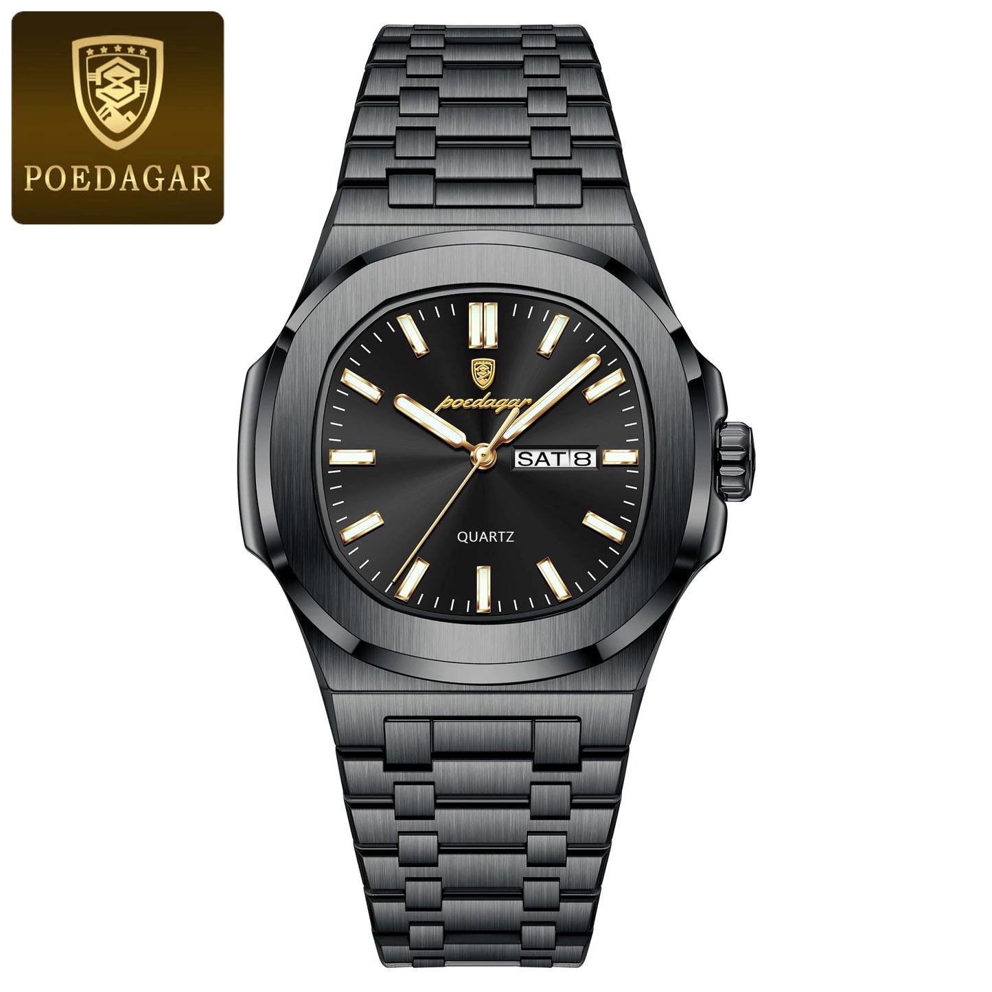 Montre Militaire Homme POEDAGAR – Cadran Carré, Acier Inoxydable, Lumineuse + Écrin